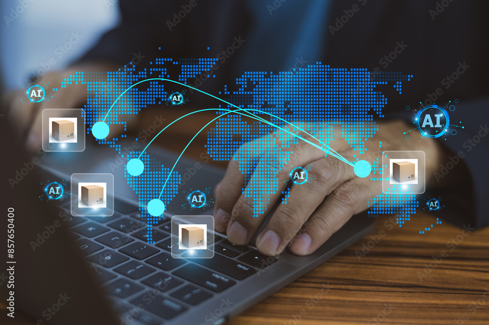 Businessman utilizes AI technology to enhance and streamline the export process. AI logistic management or export manament.
