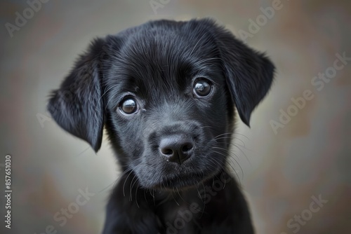 adorable black puppy with cute expression heartwarming pet portrait © Bijac
