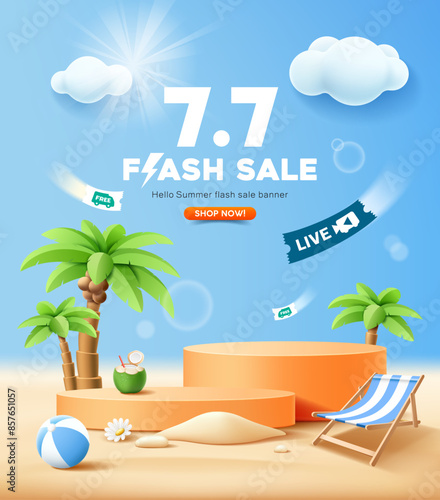 Summer sale, orange podium display, coconut trees, pile of sand, beach chair and beach ball, poster design, blue background, EPS 10 vector illustration
