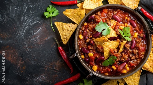 Mexican hot chili con carne in a pan with tortilla chips on a dark background