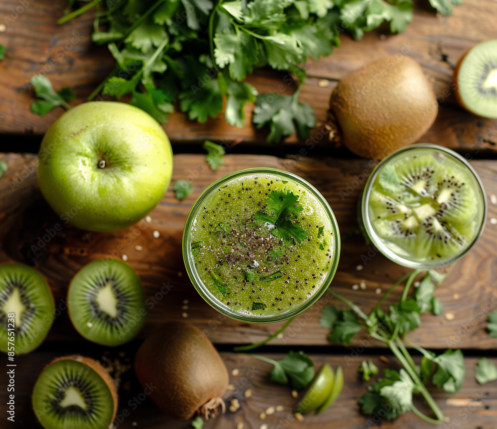 Green smoothie with kiwi, apple and coriander leaves on wooden table Green smoothie with kiwi, apple and coriander leaves on wooden table