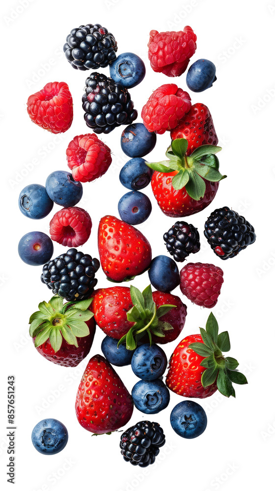 Assorted fresh berries including strawberries, blueberries, raspberries, and blackberries on white background. Healthy and colorful fruit mix. Assorted fresh berries including strawberries, blueberries, raspberries, and blackberries on white background. Healthy and colorful fruit mix.