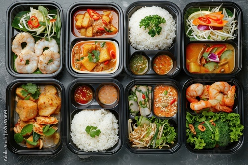 appetizing array of modern thai cuisine in convenient lunch boxes food photography © Bijac