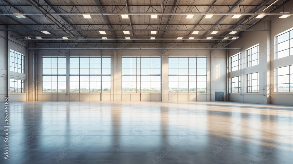 Contemporary warehouse designed for efficiency, blank advertising spaces, customizable for business needs, wide angle Contemporary warehouse designed for efficiency, blank advertising spaces, customizable for business needs, wide angle