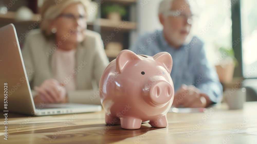 Pink piggy bank on a table with an elderly couple using a laptop in the background This image symbolizes financial planning and savings Pink piggy bank on a table with an elderly couple using a laptop in the background This image symbolizes financial planning and savings