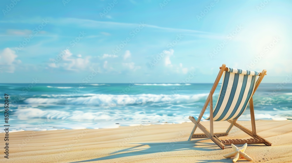 Tranquil beach with a striped deck chair and starfish on the golden sand Tranquil beach with a striped deck chair and starfish on the golden sand