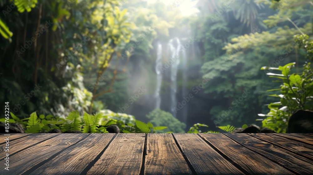 blind podium made of wood; blurred tropical nature with a waterfall in the background; light natural warm colors, 2:1, banner landing page blind podium made of wood; blurred tropical nature with a waterfall in the background; light natural warm colors, 2:1, banner landing page