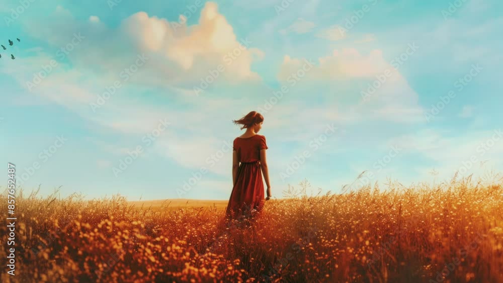 Woman facing away in a blooming field at sunset with blue sky and clouds

