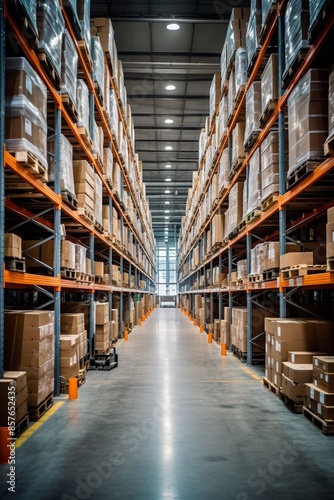Vast modern warehouse interior, rows of high shelves stocked with goods, efficient logistics hub, wide angle view