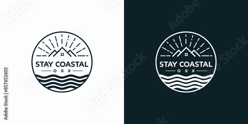Beach house sunrise emblem vector logo design with modern, simple, clean and abstract style.