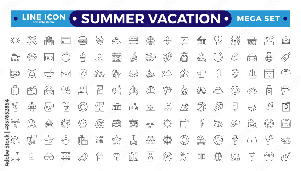 summer vacations icon set. Vector thin-line illustrations with objects, activities, and places related to travel, tourism, and the outdoors on the beach.Editable stroke outline icon. summer vacations icon set. Vector thin-line illustrations with objects, activities, and places related to travel, tourism, and the outdoors on the beach.Editable stroke outline icon.