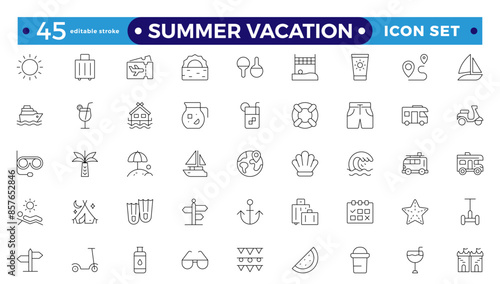 summer vacations icon set. Vector thin-line illustrations with objects, activities, and places related to travel, tourism, and the outdoors on the beach.Editable stroke outline icon.