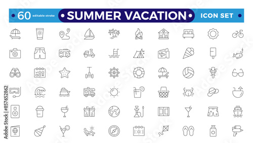 summer vacations icon set. Vector thin-line illustrations with objects, activities, and places related to travel, tourism, and the outdoors on the beach.Editable stroke outline icon.
