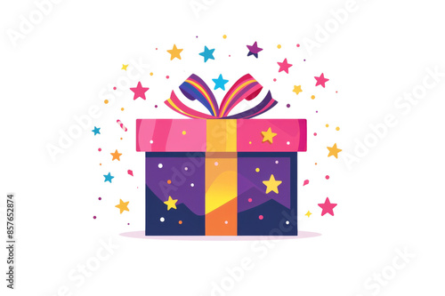 Vibrant illustration of a wrapped gift box with stars and colorful ribbons, perfect for celebrations, birthdays, and festive occasions. Isolated on transparent background. photo