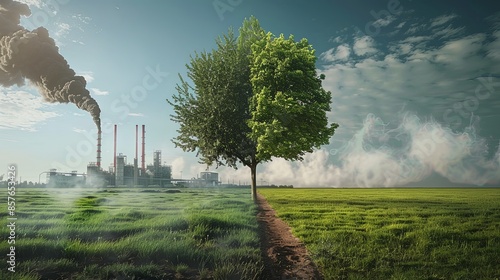 This surreal image showcases a tree split in half next to an industrial plant emitting smoke, symbolizing the struggle between natural growth and industrial encroachment. photo