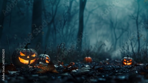 Halloween night background with pumpkins and dark forest. Happy Halloween. The concept of Halloween Day with copy space