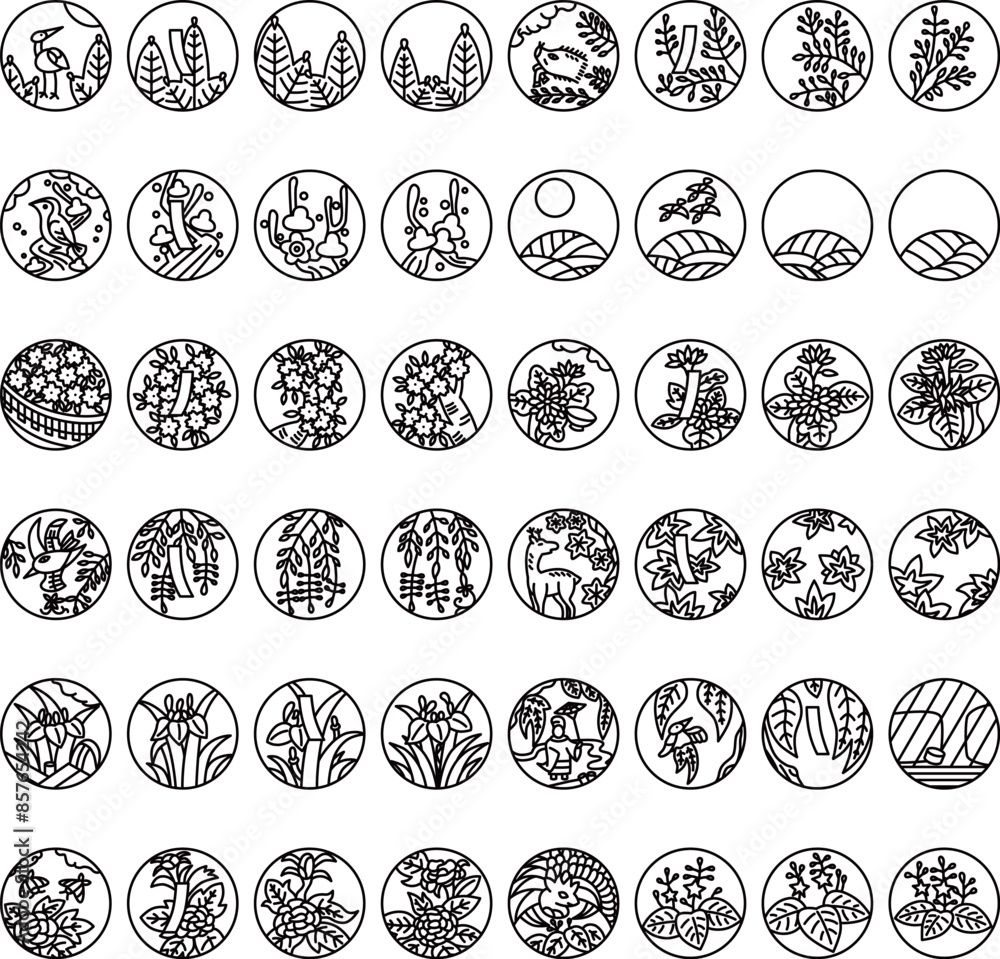 Obraz premium 線画円形ミニ花札アイコンセット