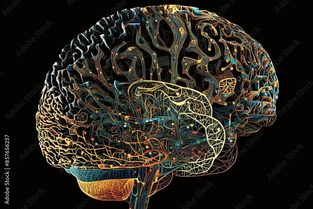 Fototapeta premium Neural network, visualization, human brain, analog, intricate, detailed, complexity, visual representation, background, cognitive processes, artificial intelligence, machine learning, data processing,