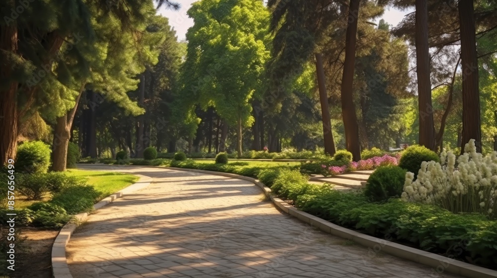 a beautiful and serene garden with curving cobbled paths, surrounded by green trees and diverse flowers a beautiful and serene garden with curving cobbled paths, surrounded by green trees and diverse flowers