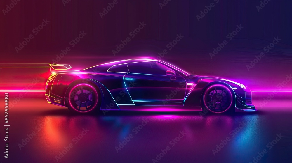 Side view neon glowing sport car silhouette. Abstract modern styled vector illustration Side view neon glowing sport car silhouette. Abstract modern styled vector illustration