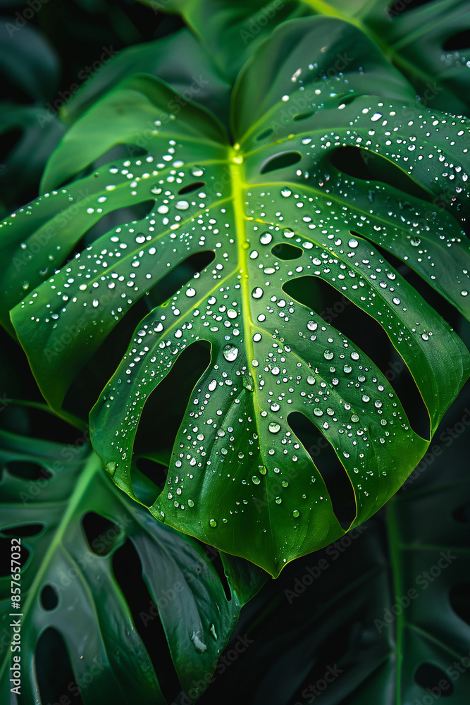 Obraz premium close up shot, plant in the garden, green monstera leaf with raindrop , micro tropical nature background