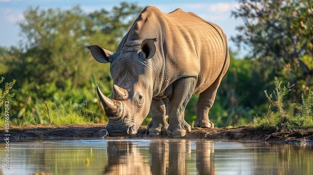Fototapeta premium White rhinoceros (Ceratotherium simum) at a waterhole
