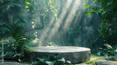 Fototapeta Naklejka Na Ścianę i Meble -  Product podium jungle background stage leaf cosmetic nature scene stand presentation mockup 