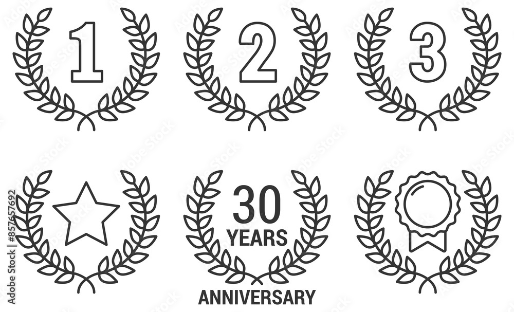 Laurel wreath with numbers 1, 2 and 3, with star, medal, laurel wreath for anniversary Laurel wreath with numbers 1, 2 and 3, with star, medal, laurel wreath for anniversary