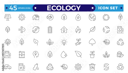Ecology outline icon set. Icons for renewable energy, and green technology. Design elements for your projects.Set of green energy thin line icons. Editable stroke outline icon. 