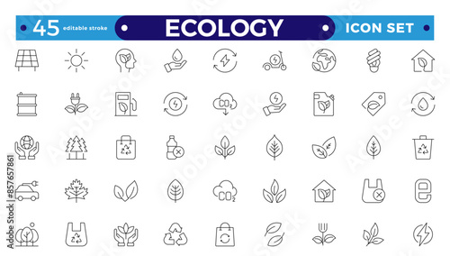 Ecology outline icon set. Icons for renewable energy, and green technology. Design elements for your projects.Set of green energy thin line icons. Editable stroke outline icon. 
