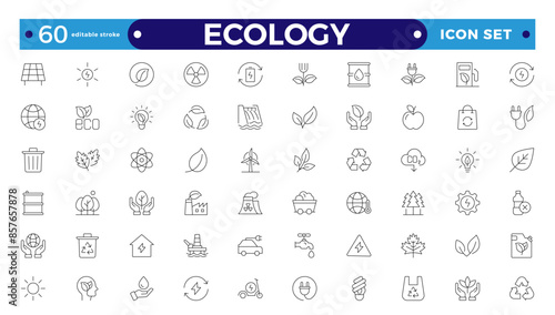 Ecology outline icon set. Icons for renewable energy, and green technology. Design elements for your projects.Set of green energy thin line icons. Editable stroke outline icon. 
