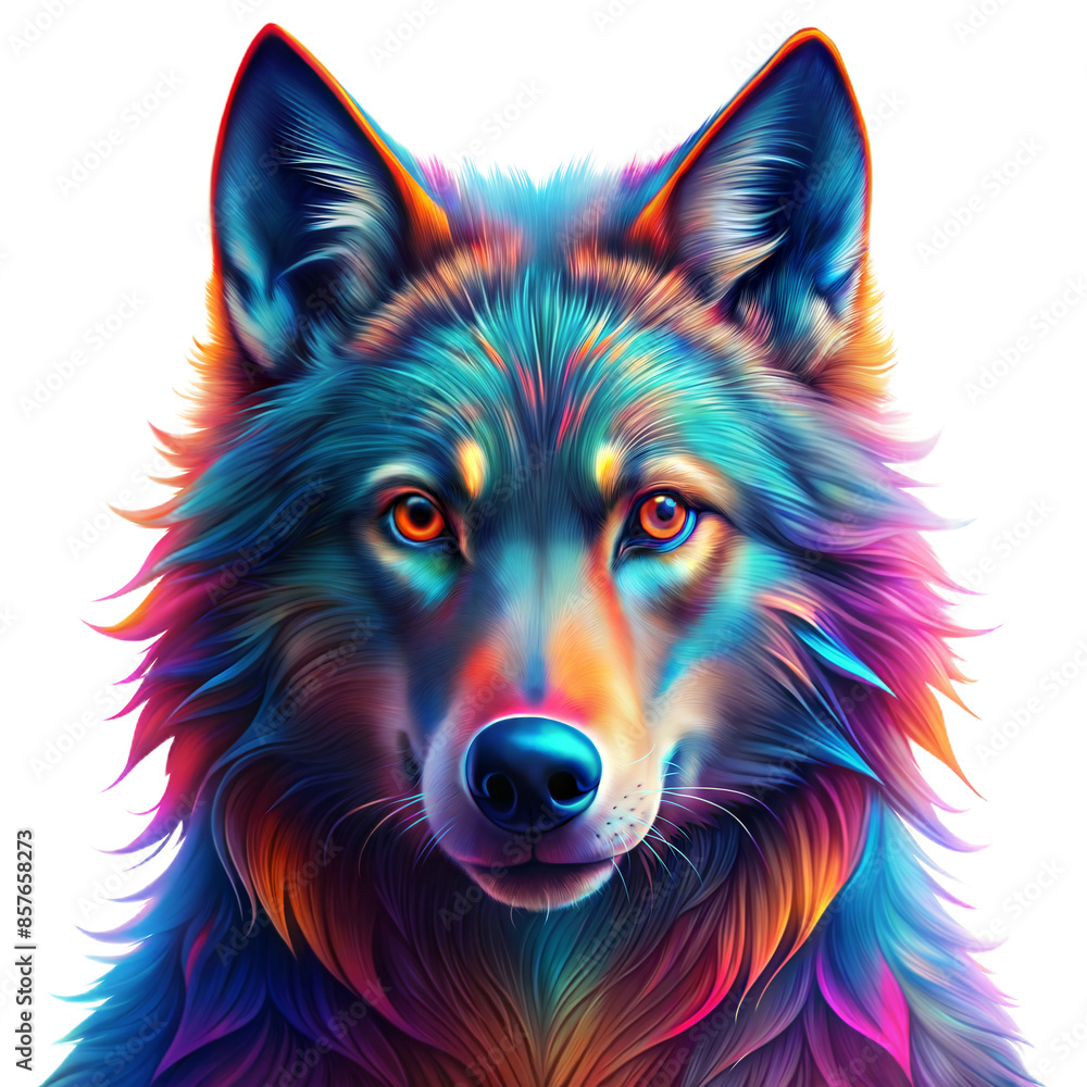 Naklejka premium 3D Wolf 90s photography, amazing, psychedelic, abstract, scary Cool, strange, vibrant colors, futuristic, ultra realistic, hyper realistic, psychedelic, abstract photography, white background 