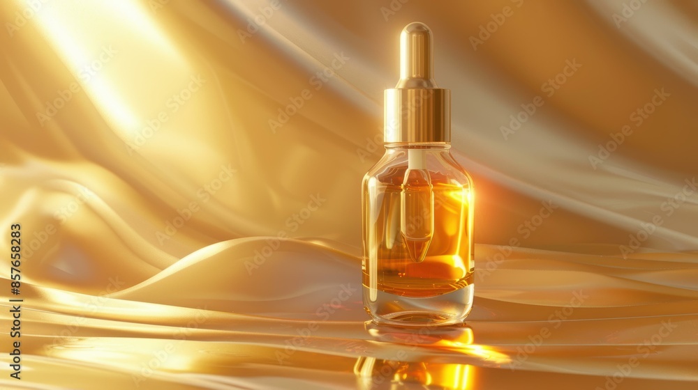 Naklejka premium a luxurious serum bottle with a sleek design and golden liquid, placed on a soft glowing surface with a warm hue.
