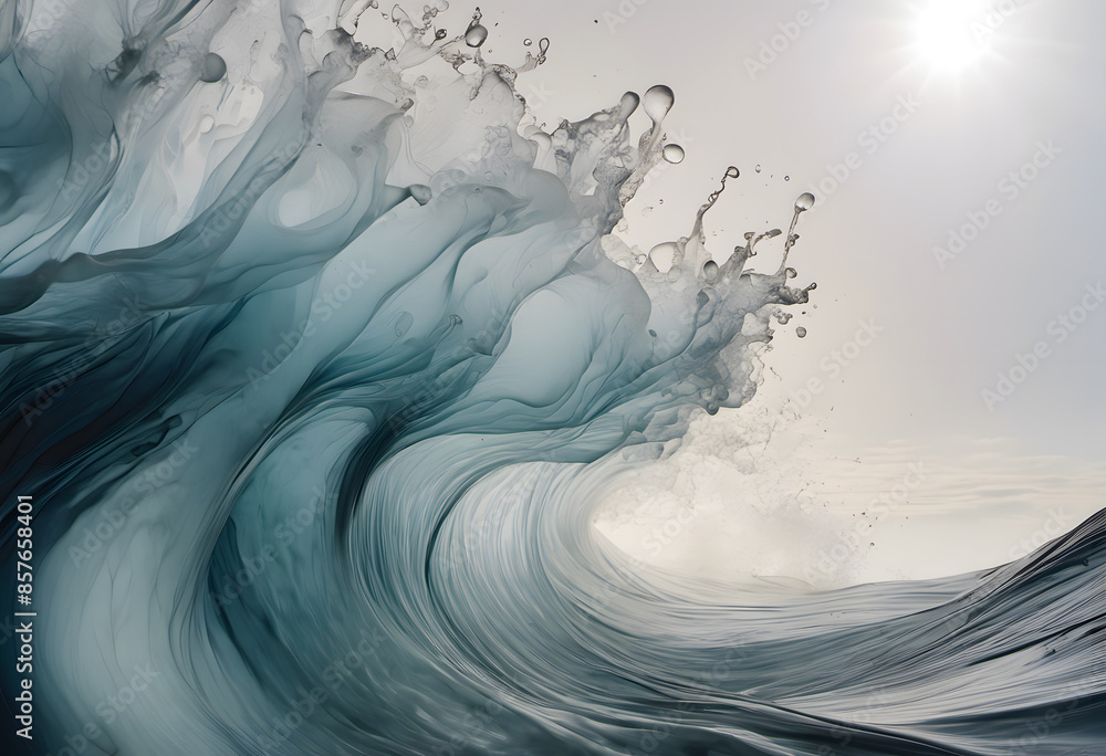A dramatic, artistic depiction of a large ocean wave crashing under a bright sun. The wave is captured in mid-motion, with splashes and foam visible, creating a dynamic and powerful scene.