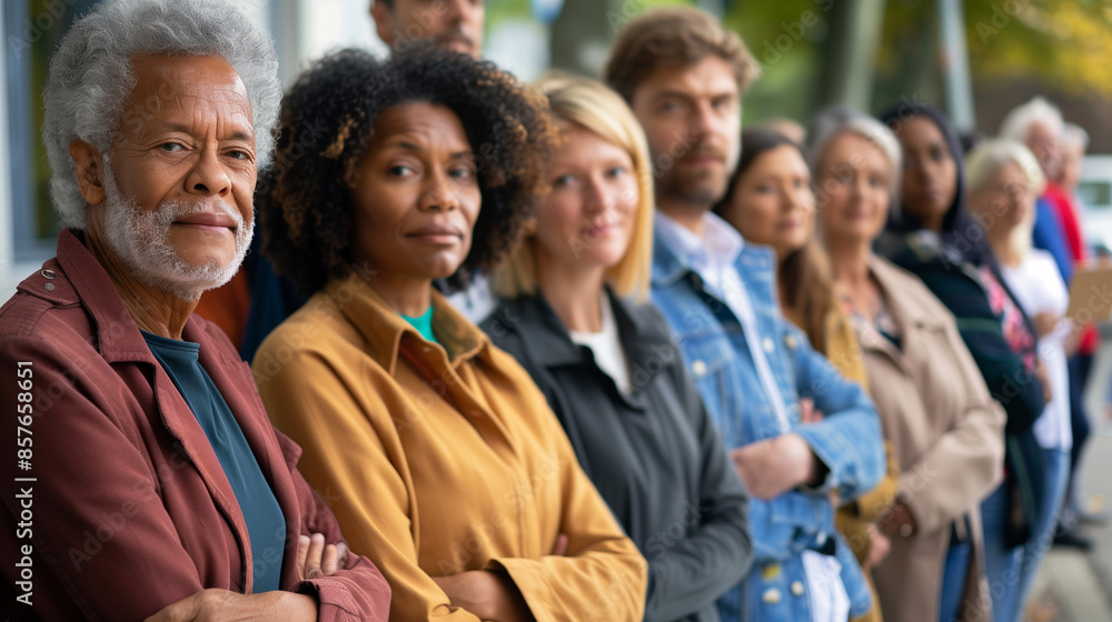 Fototapeta premium Diverse Voters Group Standing in Line on Election Day at Voting Booth in USA