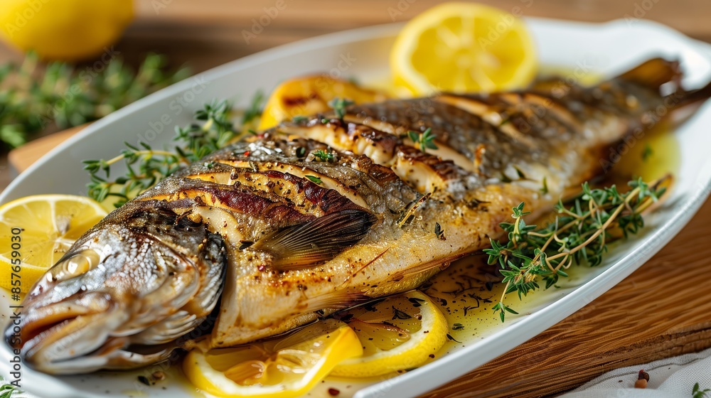 Close-Up of Whole Roasted Dorade with Thyme and Lemon Slices Close-Up of Whole Roasted Dorade with Thyme and Lemon Slices