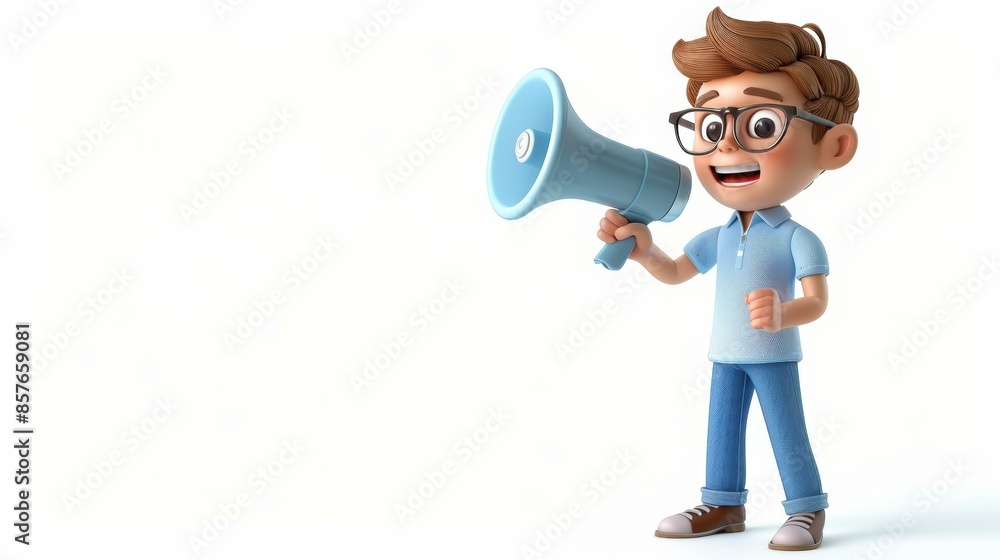 a 3D illustration of an animated male character with brown hair and glasses, wearing a blue shirt, holding a blue megaphone. a 3D illustration of an animated male character with brown hair and glasses, wearing a blue shirt, holding a blue megaphone.