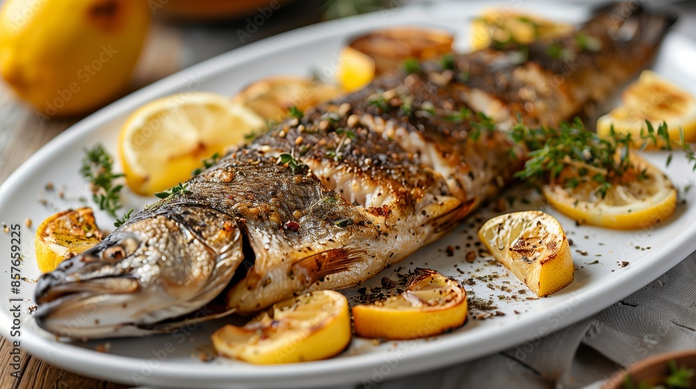 Close-Up of Whole Roasted Dorade with Thyme and Lemon Slices Close-Up of Whole Roasted Dorade with Thyme and Lemon Slices