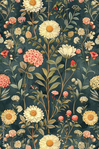Vintage style Botanical marquetry garden with flowers seamless pattern on dark blue background, wallpaper