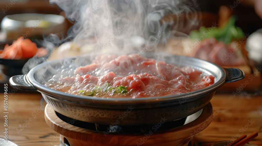Hot Japanese Shabu Shabu on Wooden Table Hot Japanese Shabu Shabu on Wooden Table