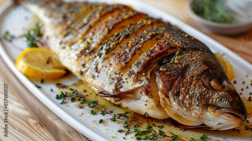 Close-Up of Whole Roasted Dorade with Thyme and Lemon Slices