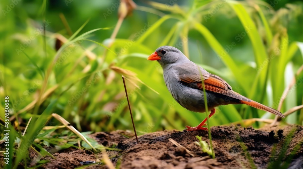 A small gray bird with a red beak is standing in a field of tall grass A small gray bird with a red beak is standing in a field of tall grass
