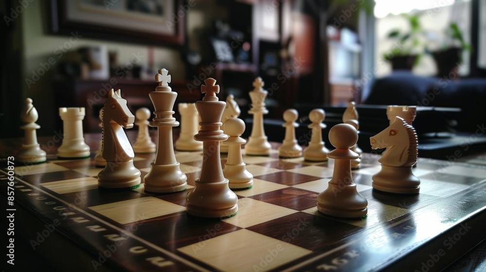 Chessboard Game Setup With White Pieces in Focus suitable for business background, posters, wallpapers, banners, greeting cards, and advertising for business entities or brands. Chessboard Game Setup With White Pieces in Focus suitable for business background, posters, wallpapers, banners, greeting cards, and advertising for business entities or brands.