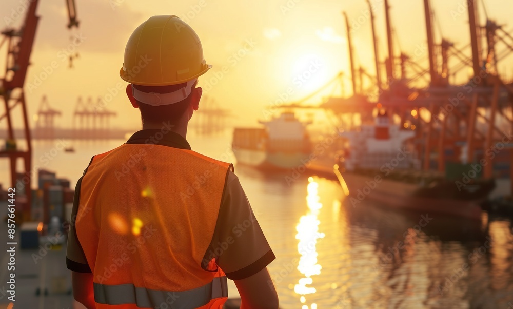 Cinematic Shot of Construction Worker in Orange Safety Vest and Yellow Hard Hat Overlooking Industrial Dock at Sunset, Large Shipping Yard with Cargo Ships in Background. Labor Day, Working, Struggle Cinematic Shot of Construction Worker in Orange Safety Vest and Yellow Hard Hat Overlooking Industrial Dock at Sunset, Large Shipping Yard with Cargo Ships in Background. Labor Day, Working, Struggle