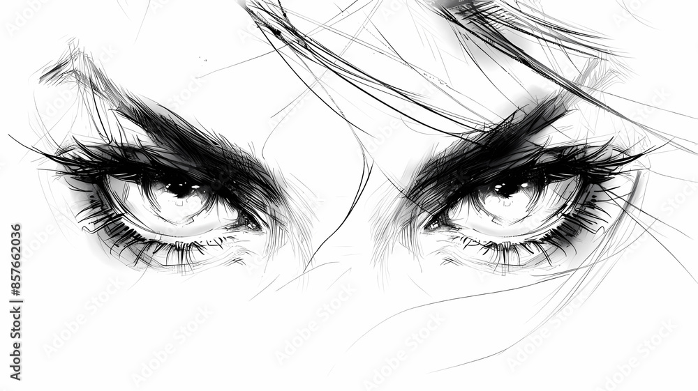 Fototapeta premium A pair of manga-style eyes in black and white, drawn with bold lines and detailed pupils.
