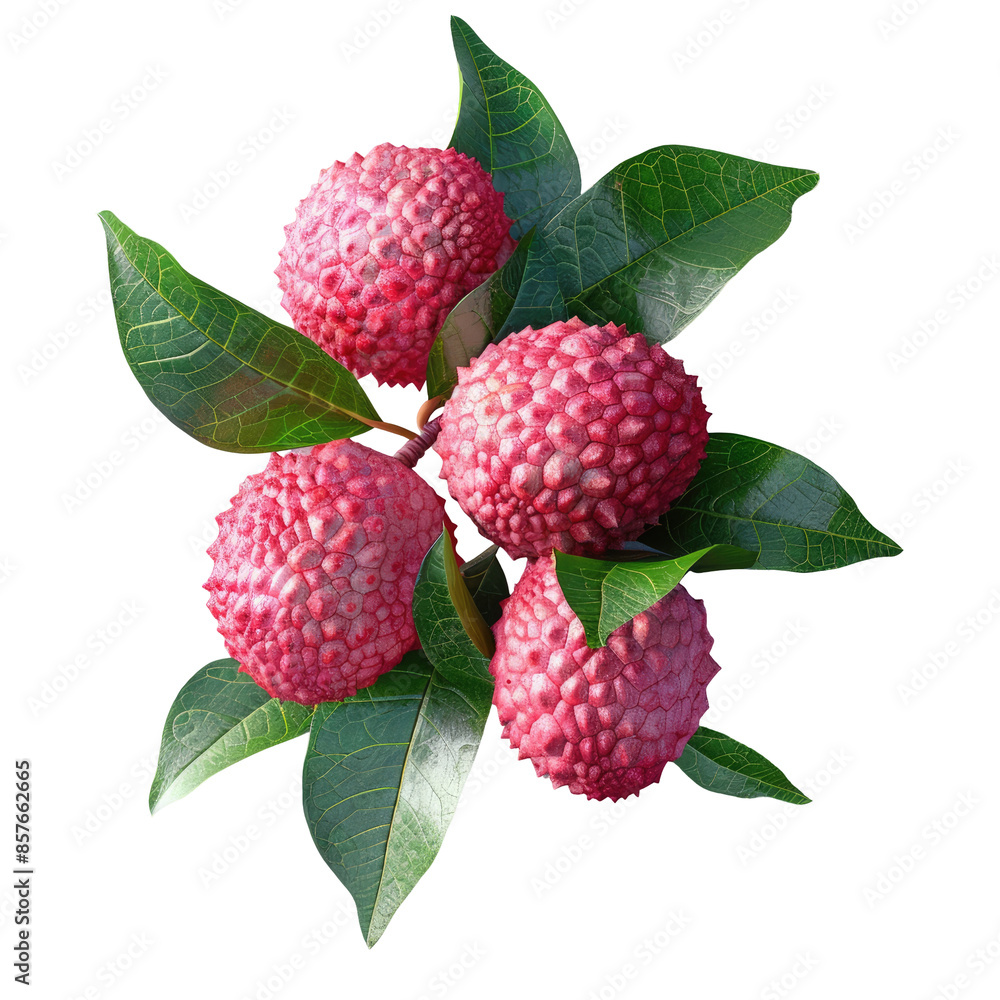 Fresh lychee fruit with leaves isolated on a transparent background from above. Fresh lychee fruit with leaves isolated on a transparent background from above.