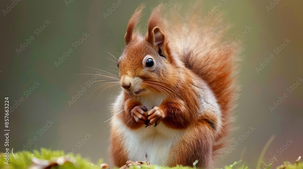 Obraz premium Eurasian red squirrel (Sciurus vulgaris) cautiously peeks out of the hole in a tree in the forest of Drunen, Noord Brabant. 