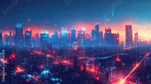 Wallpaper Mural A cityscape with a bright blue sky and a red and orange sunset Torontodigital.ca