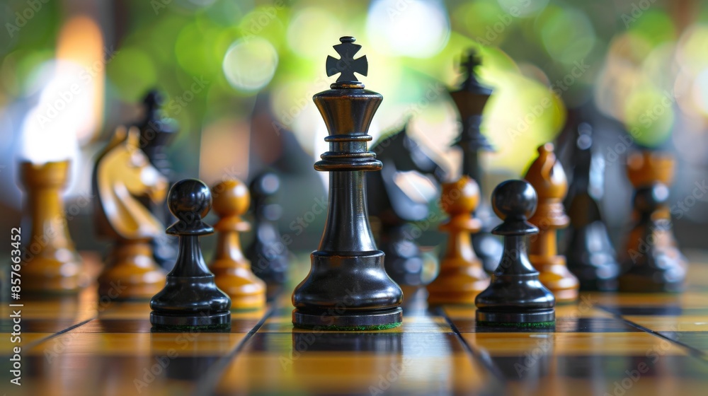 Black Chess King on the Board with Blurred Pieces Behind Black Chess King on the Board with Blurred Pieces Behind