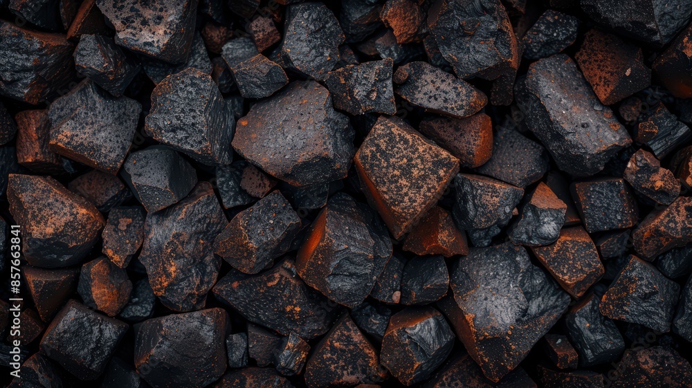 Close-Up of Dark Volcanic Rocks with Red Highlights in Natural Light Close-Up of Dark Volcanic Rocks with Red Highlights in Natural Light